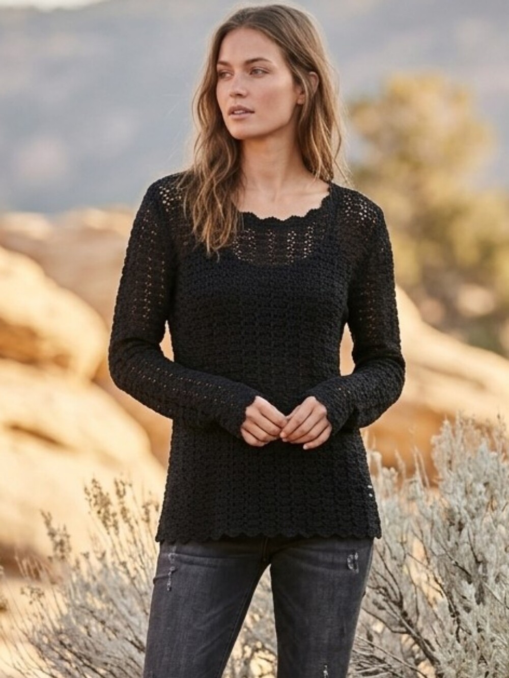 Double D Ranch Black Crochet Knit Sweater Top Size Small